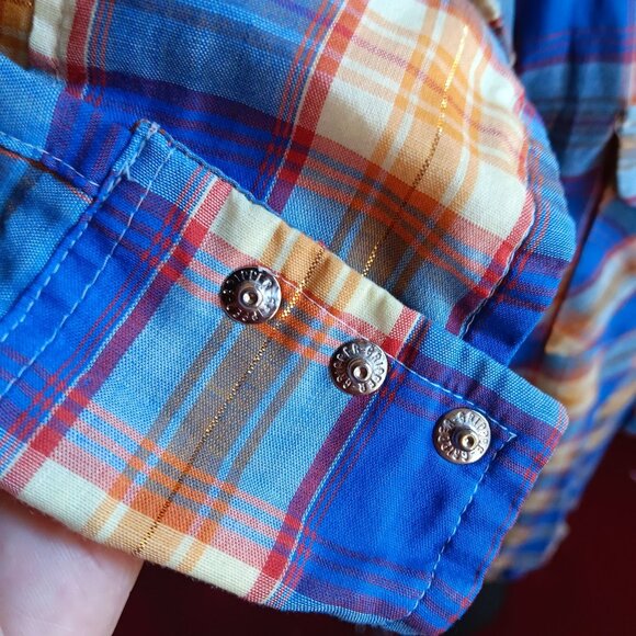 Large Vintage Western Shirt Mens Shiny Gold Plaid Ultra Thin 16.5 34 Dee Cee 80s - Picture 4 of 10